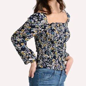 CUPCAKES AND CASHMERE Royce Top Smocked Blouse Blue Floral XS